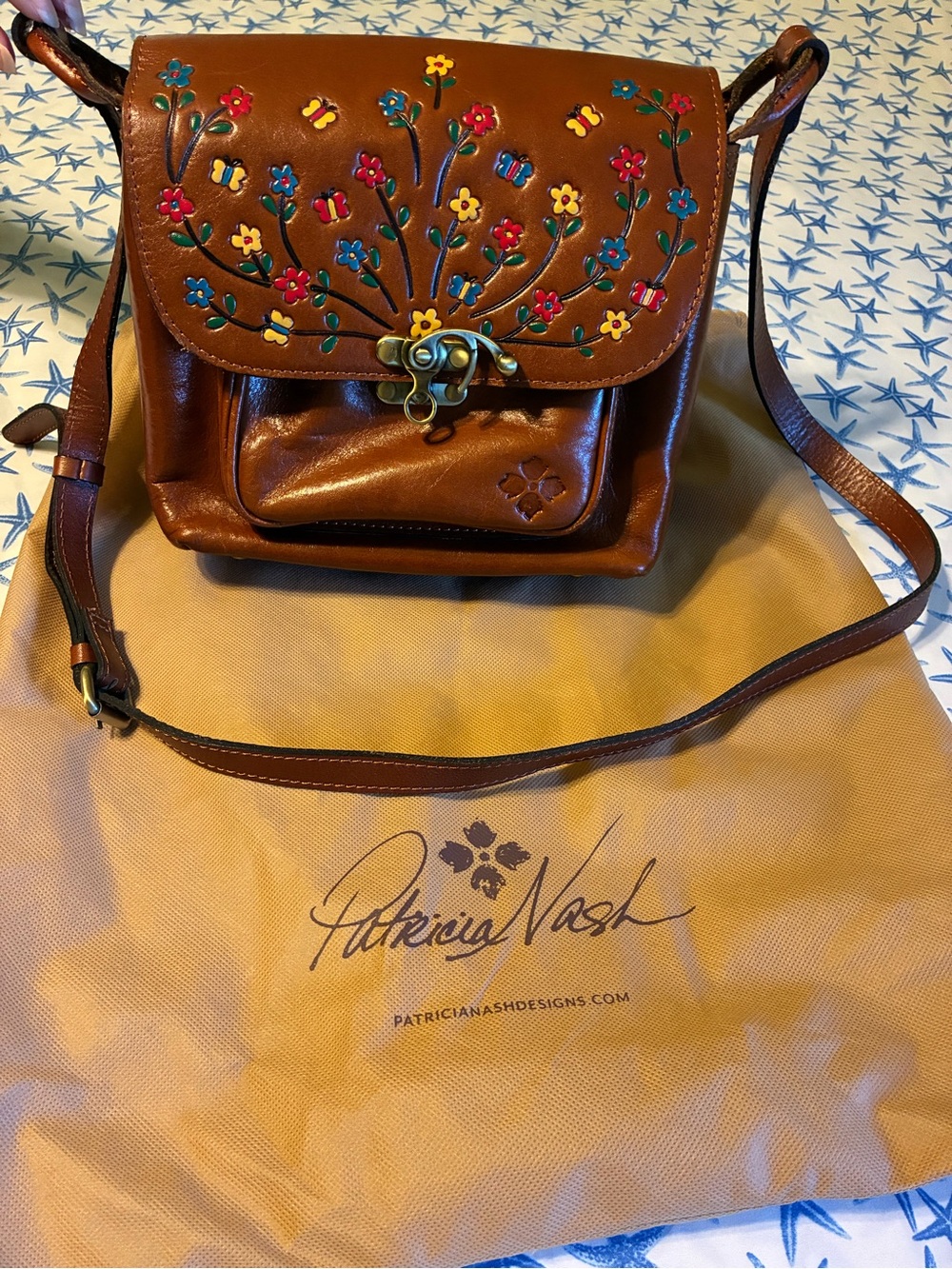 Patricia Nash Brown Leather Crossbody with Multicolor Floral Accents